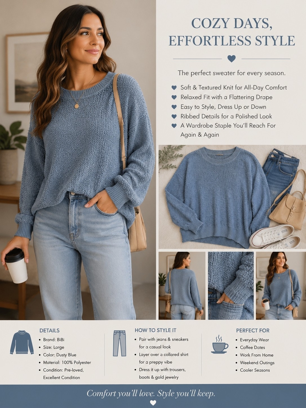 BiBi Dusty Blue Cozy Knit Sweater - Relaxed Fit